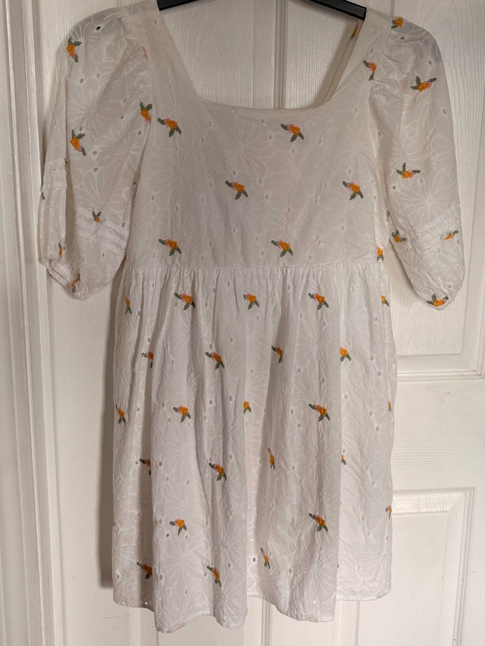 Women’s White Eyelet Dress with Orange Floral Embroidery